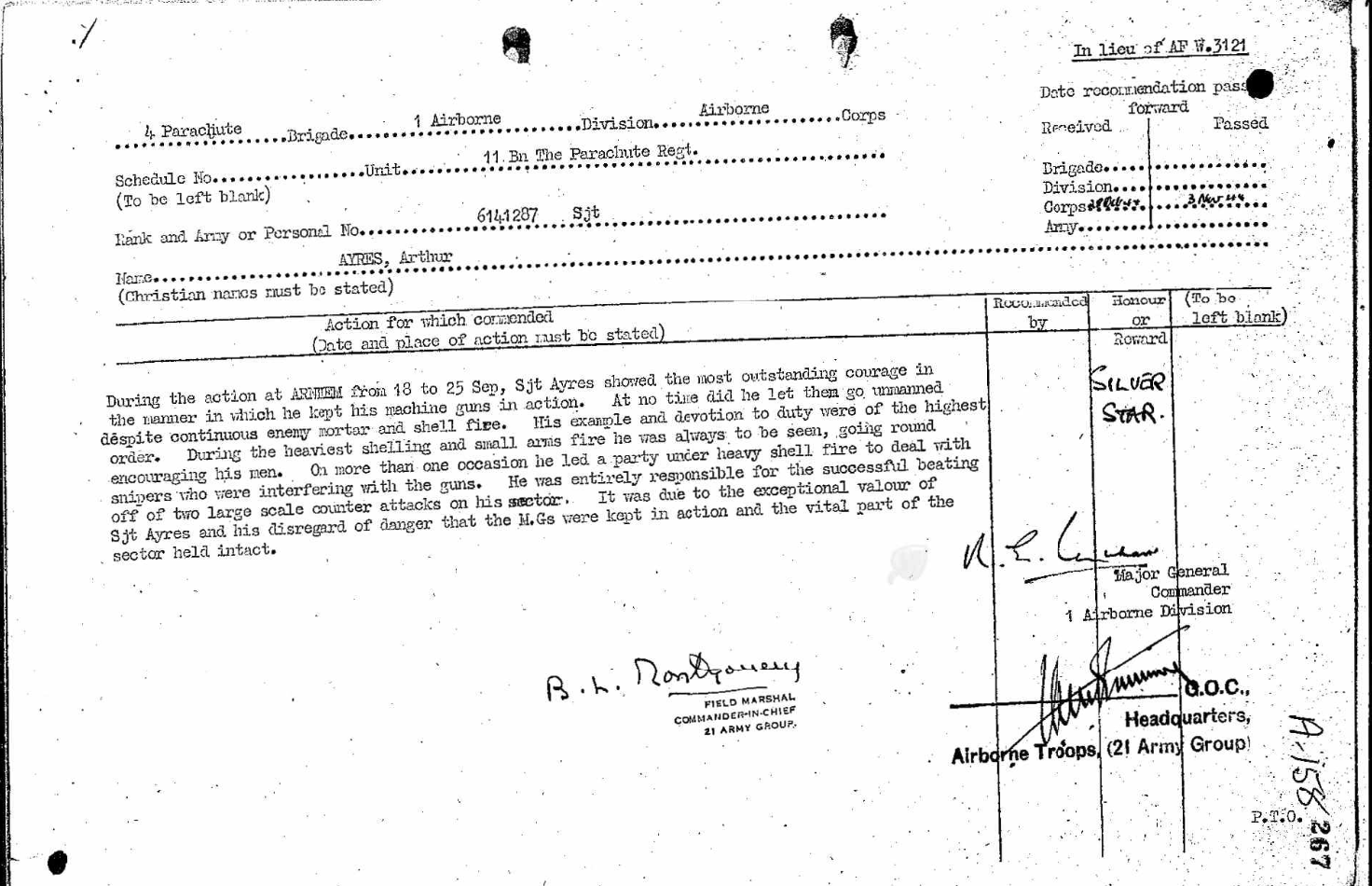 Sergeant Arthur Ayres' citation