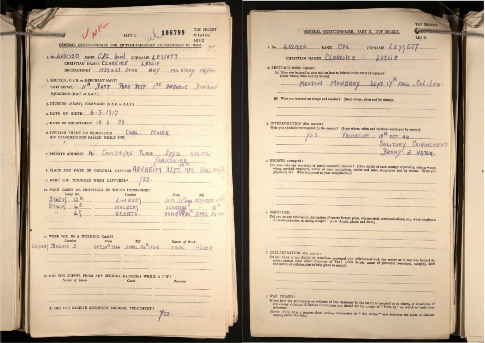 Clarence's Post Prisoner of War Debrief Questionnaire