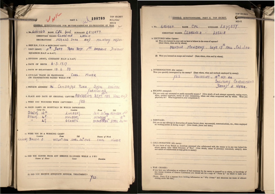 Clarence's Post Prisoner of War Debrief Questionnaire