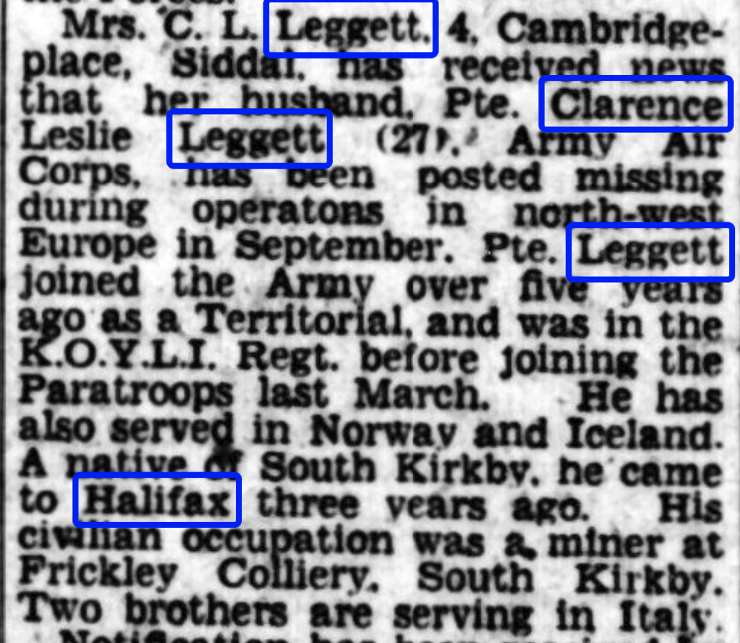 Clarence Leggett Reported Missing in local newspaper