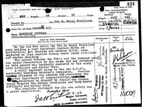 Ebeneezer Cochran MM's Military award Entry 19 August 1943