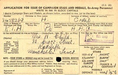 Harry Child Medal Card