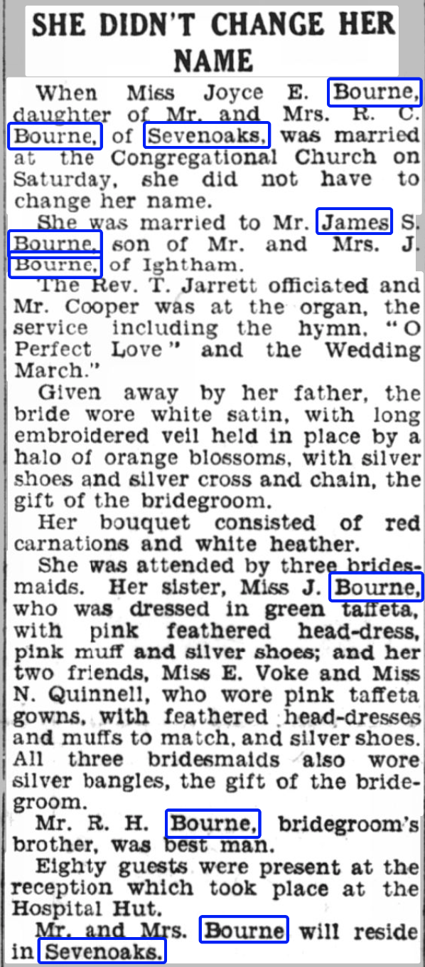 Newspaper Report of Marriage James Sidney and Joyce Eileen Bourne