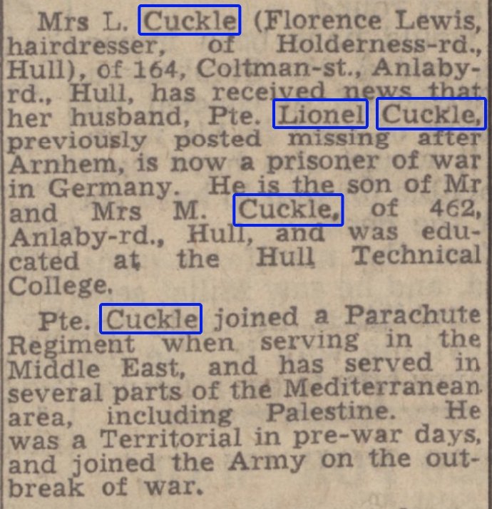 Lionel Cuckle Reported Prisoner of War