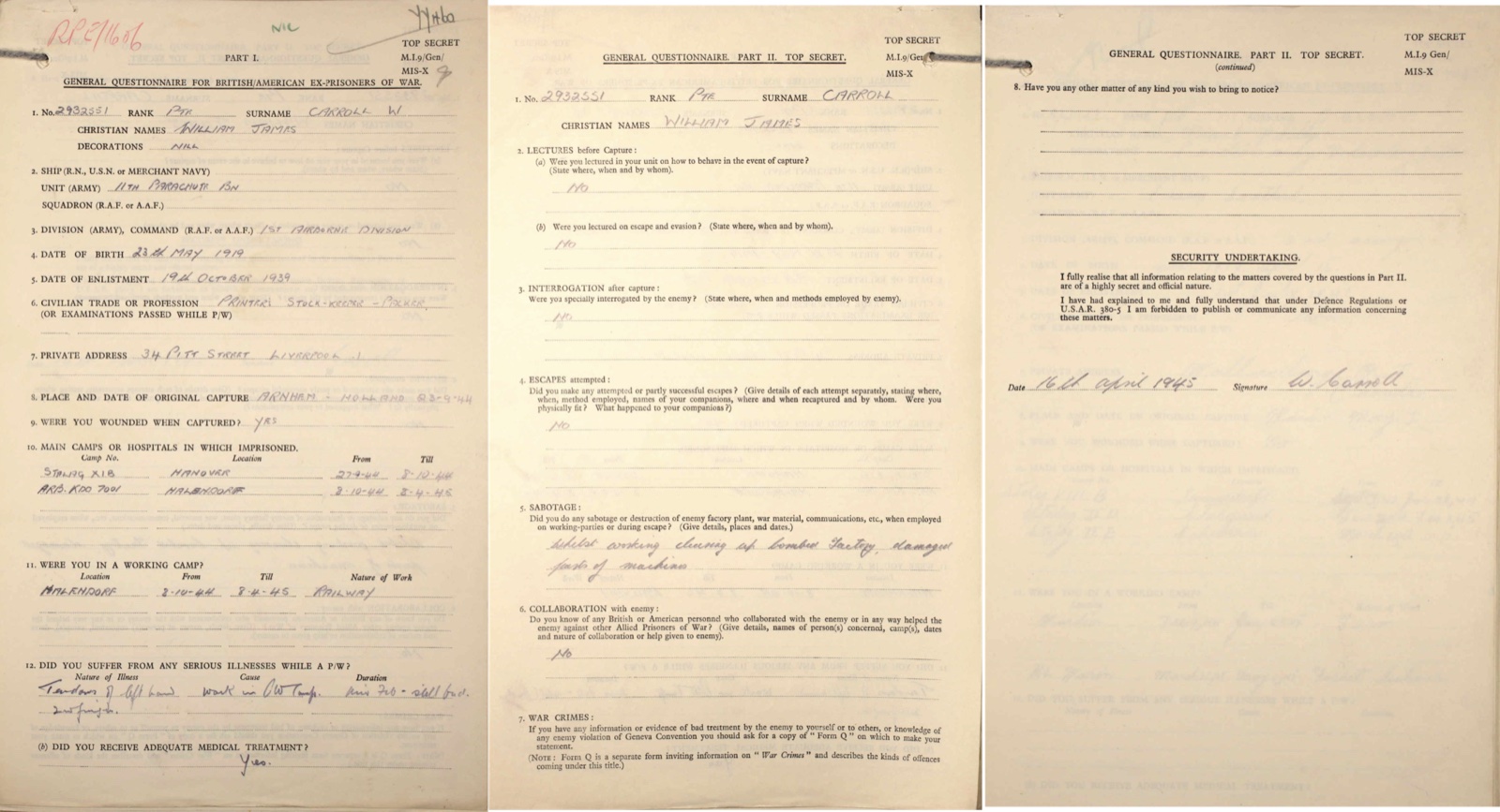 William's Post Prisoner of War Debrief Questionnaire