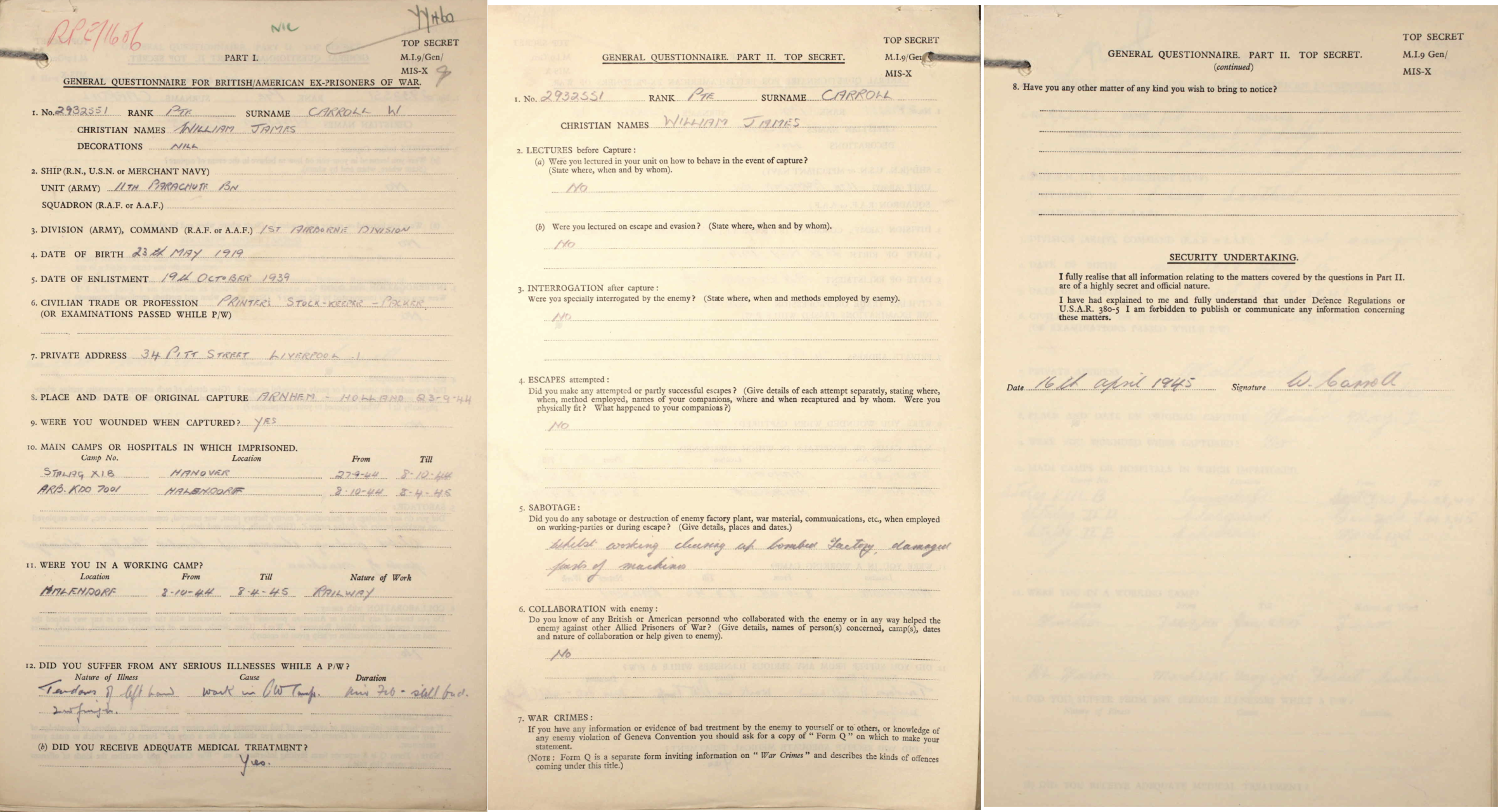 William's Post Prisoner of War Debrief Questionnaire