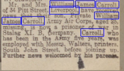 William Carroll Reported Missing in local newspaper